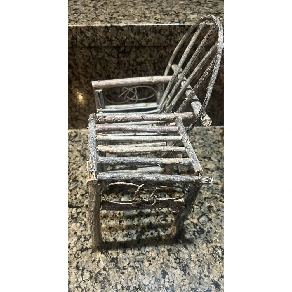 Willow Branch Mini Wood Chair With Attached Table Perfect For Dolls Or Plants